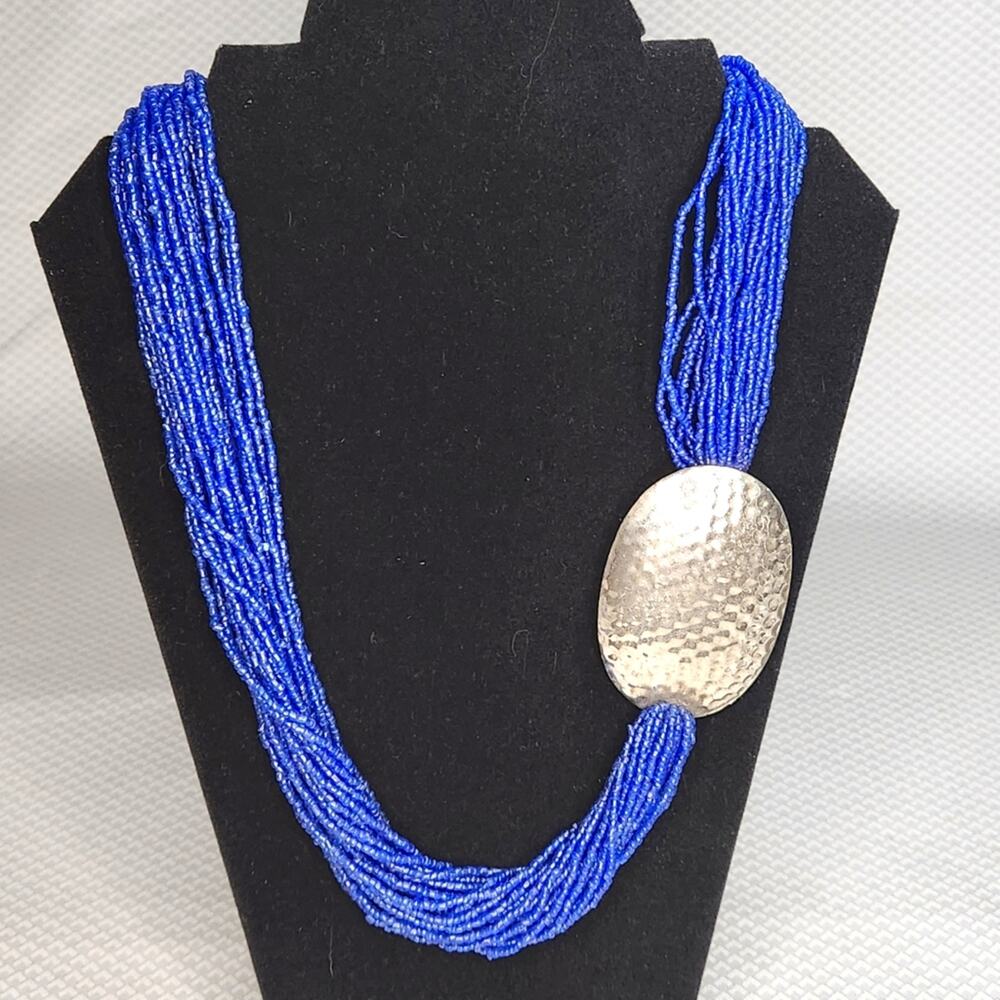Vintage Cobalt Blue Multi Strand Seed Bead Necklace Hammered Silver Pewter Boho